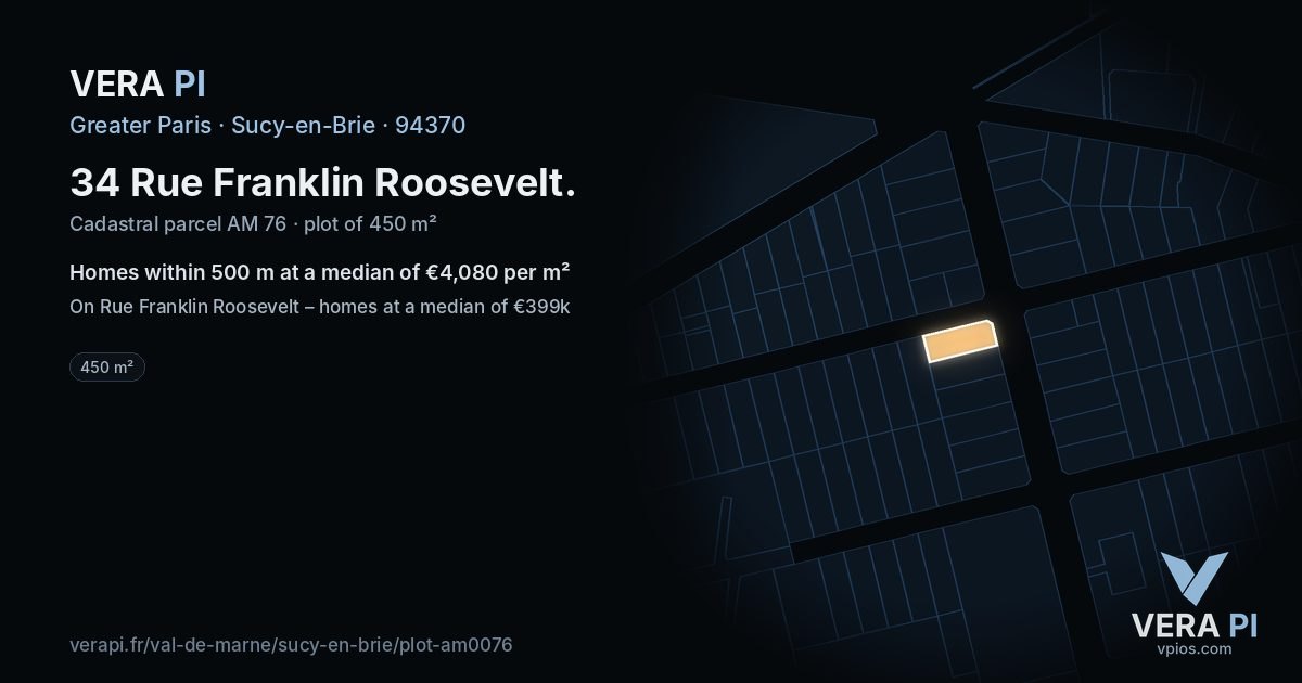 34 Rue Franklin Roosevelt, Sucy-en-Brie at night – the plot lit, the parcels around coloured by the prices near them