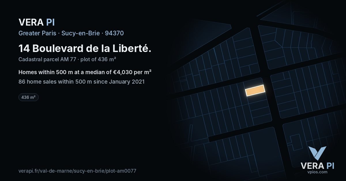 14 Boulevard de la Liberté, Sucy-en-Brie at night – the plot lit, the parcels around coloured by the prices near them