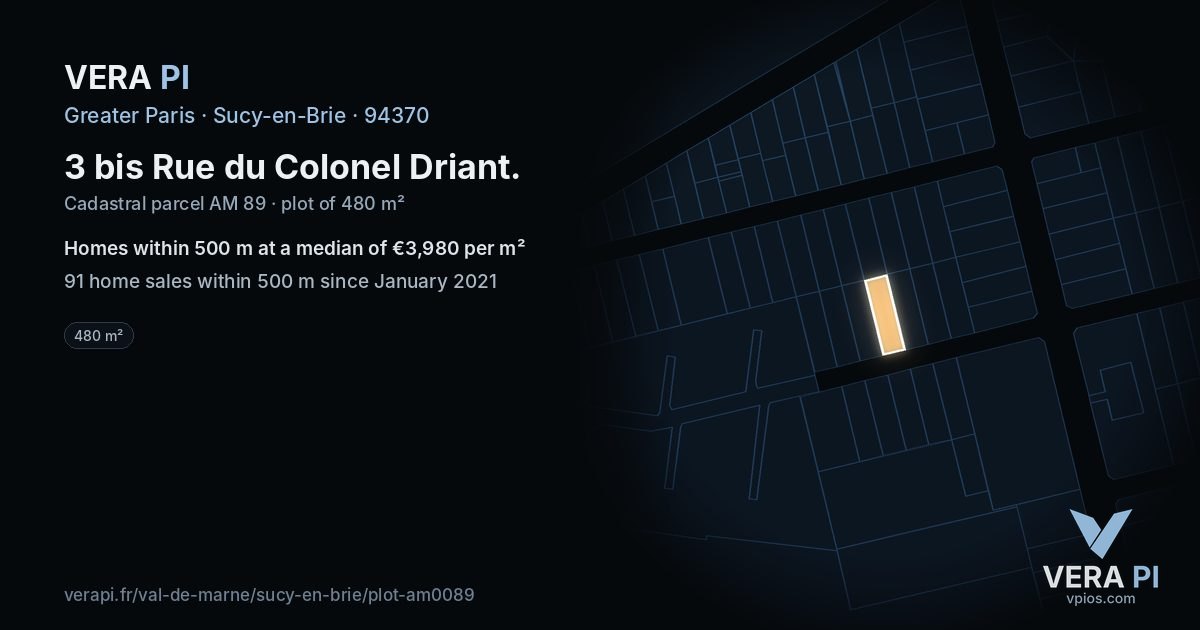 3 bis Rue du Colonel Driant, Sucy-en-Brie at night – the plot lit, the parcels around coloured by the prices near them