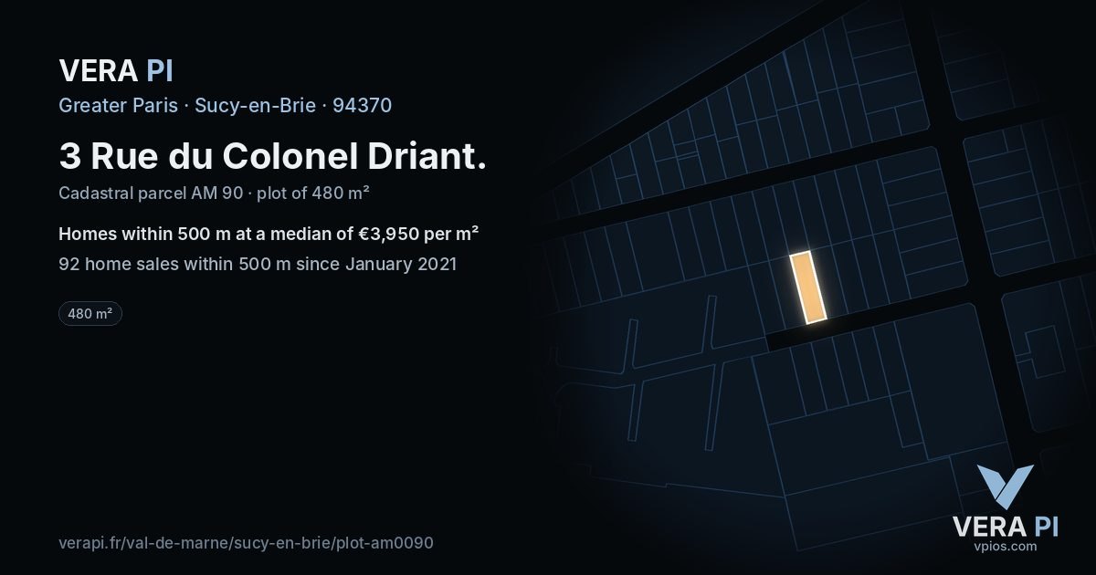 3 Rue du Colonel Driant, Sucy-en-Brie at night – the plot lit, the parcels around coloured by the prices near them