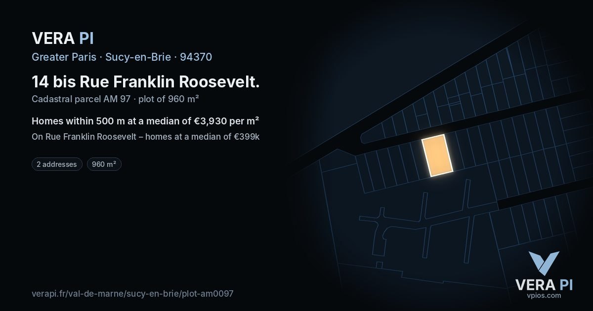 14 bis Rue Franklin Roosevelt, Sucy-en-Brie at night – the plot lit, the parcels around coloured by the prices near them