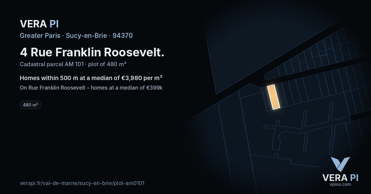 4 Rue Franklin Roosevelt, Sucy-en-Brie at night – the plot lit, the parcels around coloured by the prices near them