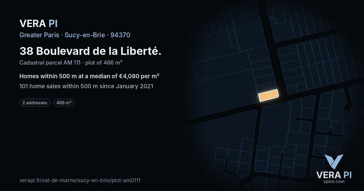 38 Boulevard de la Liberté, Sucy-en-Brie at night – the plot lit, the parcels around coloured by the prices near them