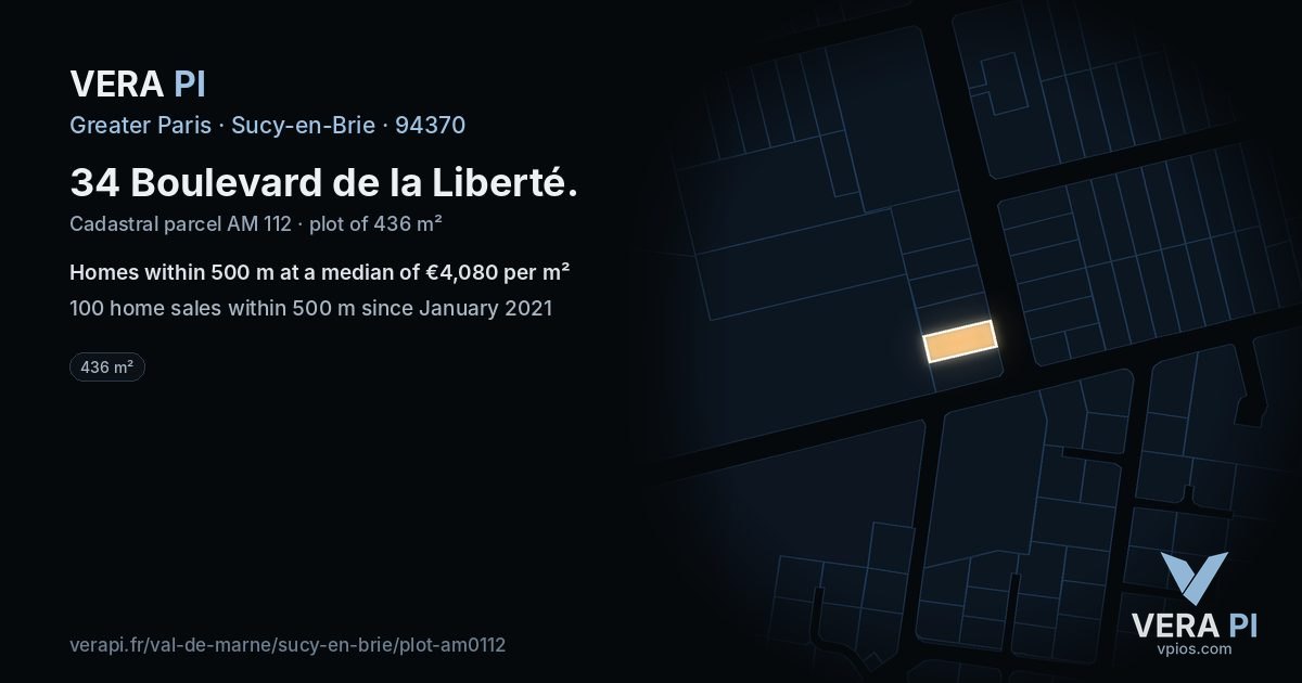 34 Boulevard de la Liberté, Sucy-en-Brie at night – the plot lit, the parcels around coloured by the prices near them