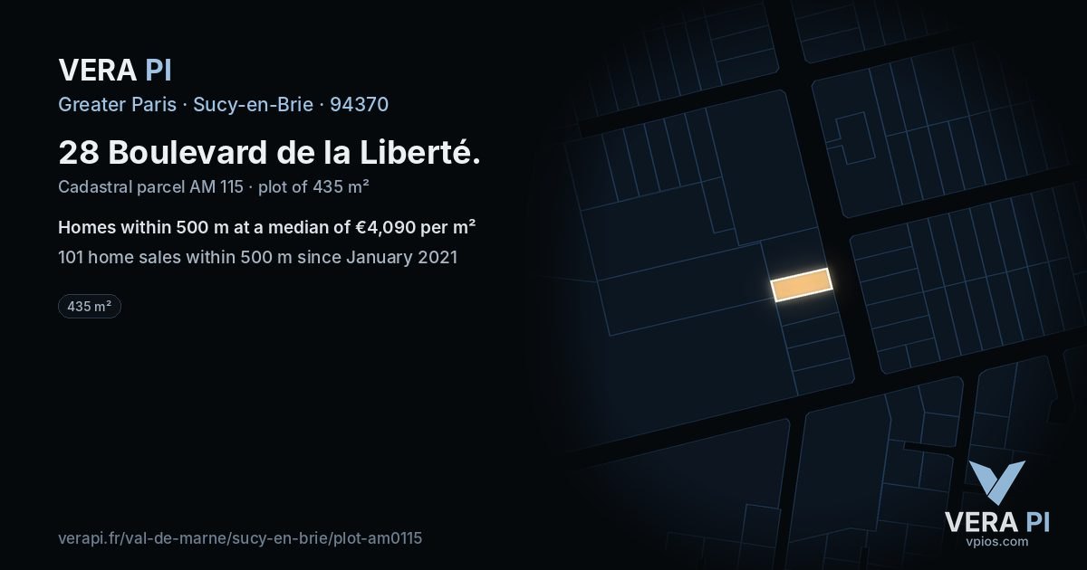 28 Boulevard de la Liberté, Sucy-en-Brie at night – the plot lit, the parcels around coloured by the prices near them