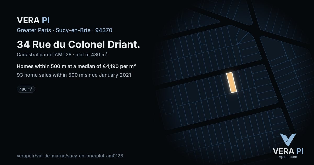 34 Rue du Colonel Driant, Sucy-en-Brie at night – the plot lit, the parcels around coloured by the prices near them