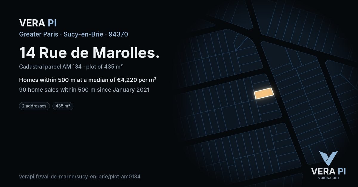 14 Rue de Marolles, Sucy-en-Brie at night – the plot lit, the parcels around coloured by the prices near them