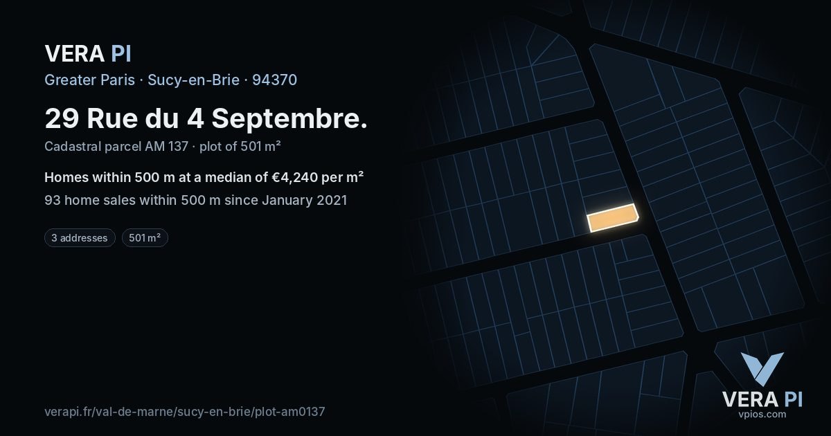 29 Rue du 4 Septembre, Sucy-en-Brie at night – the plot lit, the parcels around coloured by the prices near them