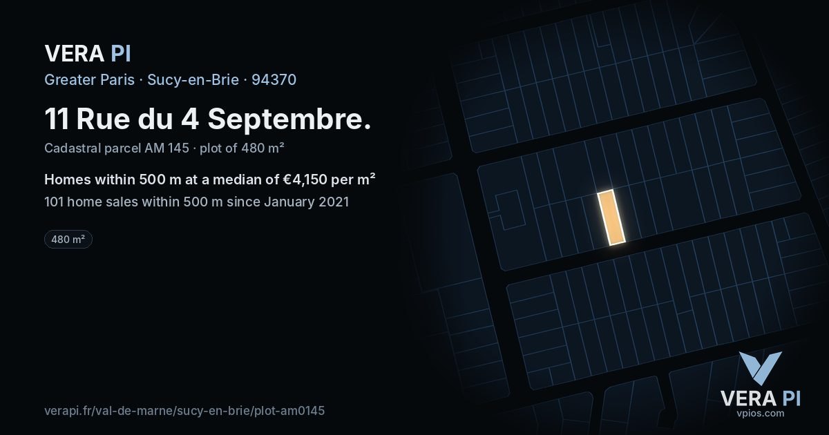 11 Rue du 4 Septembre, Sucy-en-Brie at night – the plot lit, the parcels around coloured by the prices near them