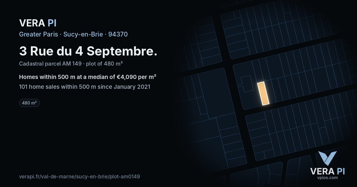 3 Rue du 4 Septembre, Sucy-en-Brie at night – the plot lit, the parcels around coloured by the prices near them