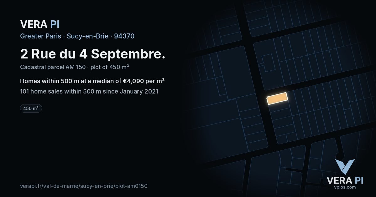 2 Rue du 4 Septembre, Sucy-en-Brie at night – the plot lit, the parcels around coloured by the prices near them