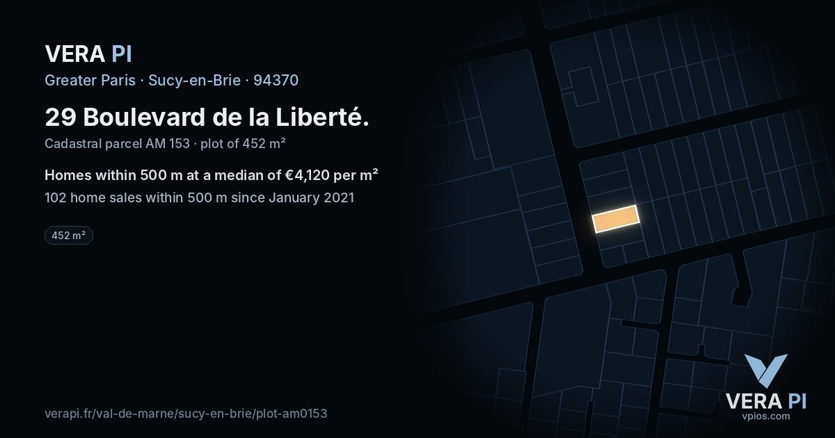29 Boulevard de la Liberté, Sucy-en-Brie at night – the plot lit, the parcels around coloured by the prices near them