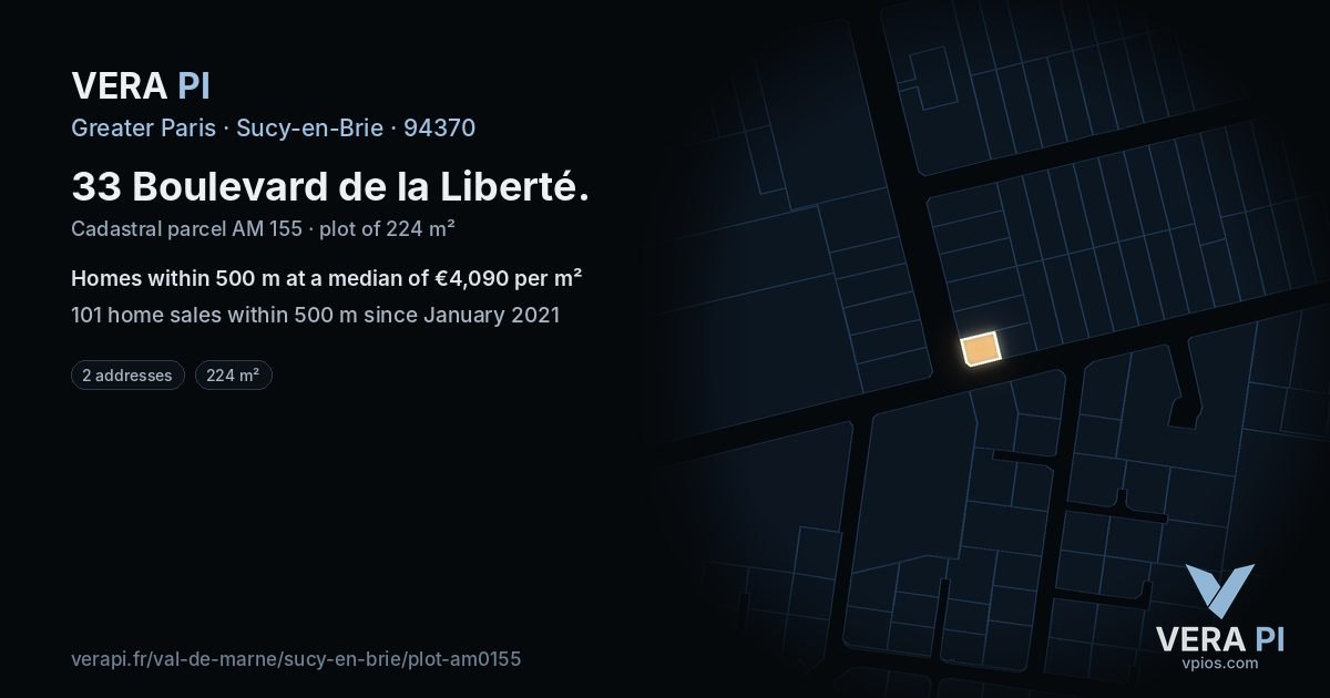33 Boulevard de la Liberté, Sucy-en-Brie at night – the plot lit, the parcels around coloured by the prices near them