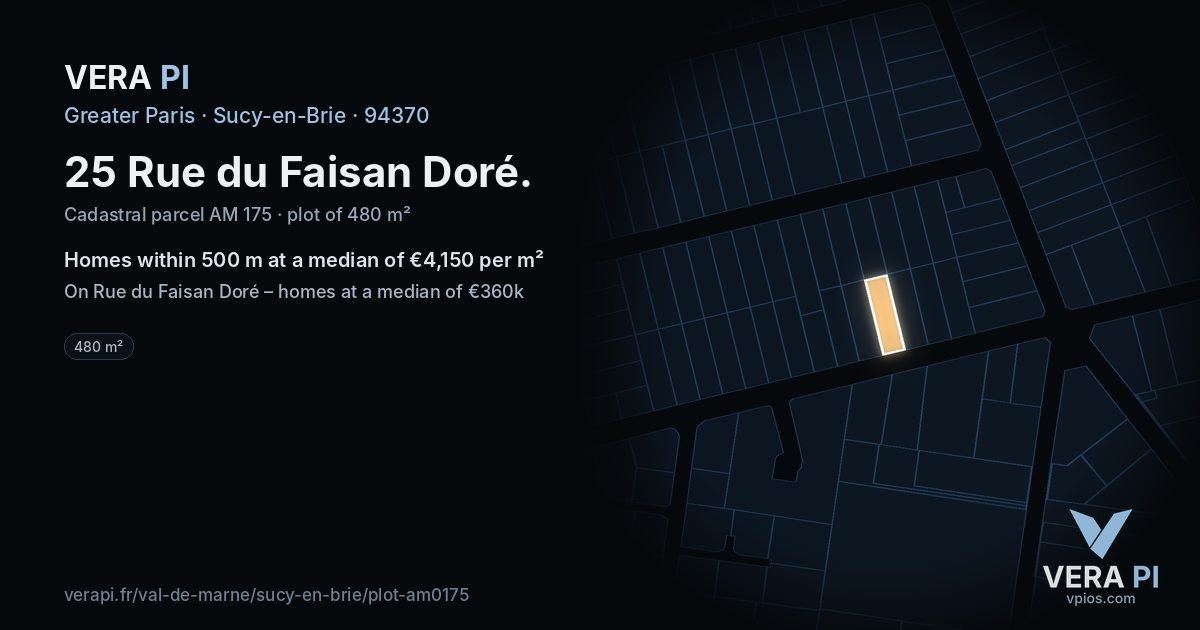 25 Rue du Faisan Doré, Sucy-en-Brie at night – the plot lit, the parcels around coloured by the prices near them