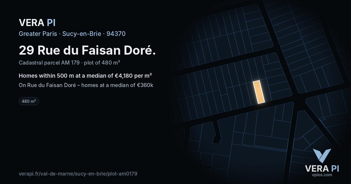 29 Rue du Faisan Doré, Sucy-en-Brie at night – the plot lit, the parcels around coloured by the prices near them