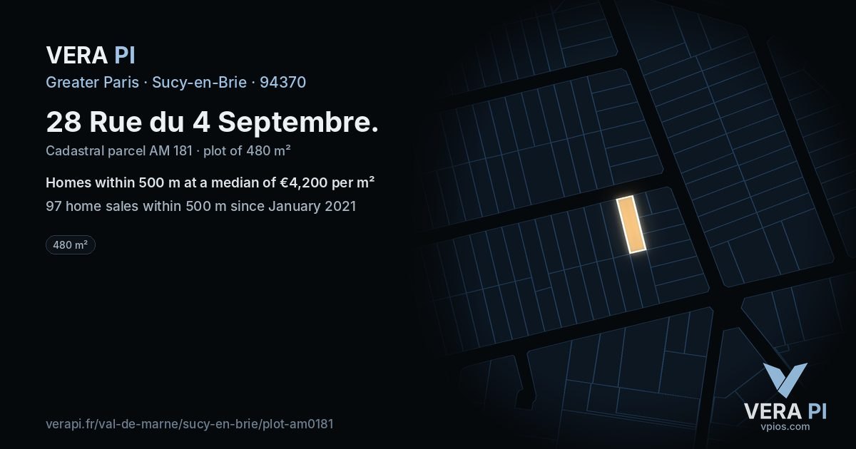 28 Rue du 4 Septembre, Sucy-en-Brie at night – the plot lit, the parcels around coloured by the prices near them