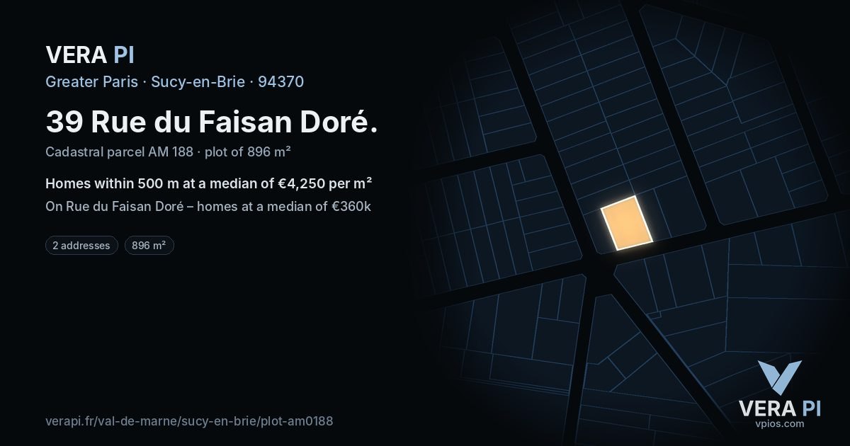39 Rue du Faisan Doré, Sucy-en-Brie at night – the plot lit, the parcels around coloured by the prices near them