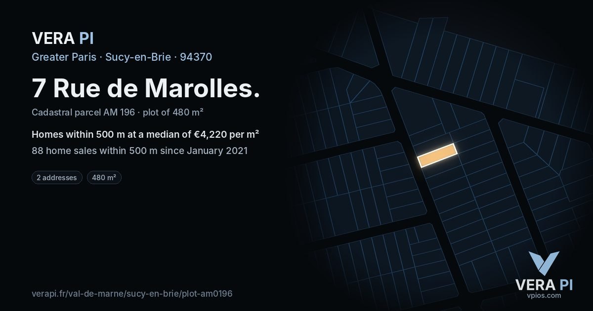 7 Rue de Marolles, Sucy-en-Brie at night – the plot lit, the parcels around coloured by the prices near them