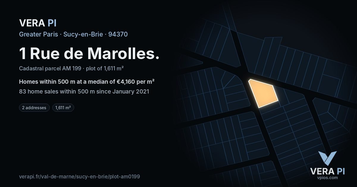 1 Rue de Marolles, Sucy-en-Brie at night – the plot lit, the parcels around coloured by the prices near them
