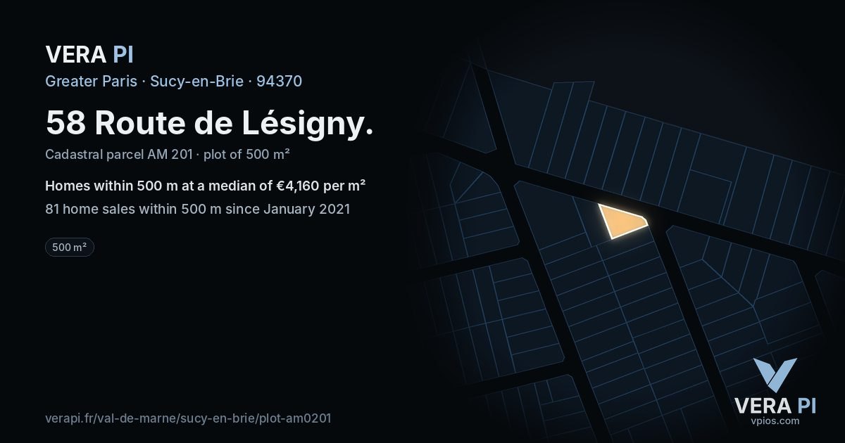 58 Route de Lésigny, Sucy-en-Brie at night – the plot lit, the parcels around coloured by the prices near them