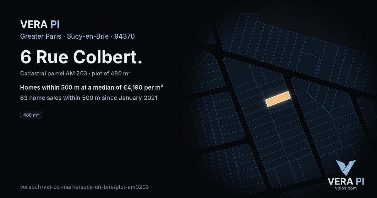 6 Rue Colbert, Sucy-en-Brie at night – the plot lit, the parcels around coloured by the prices near them