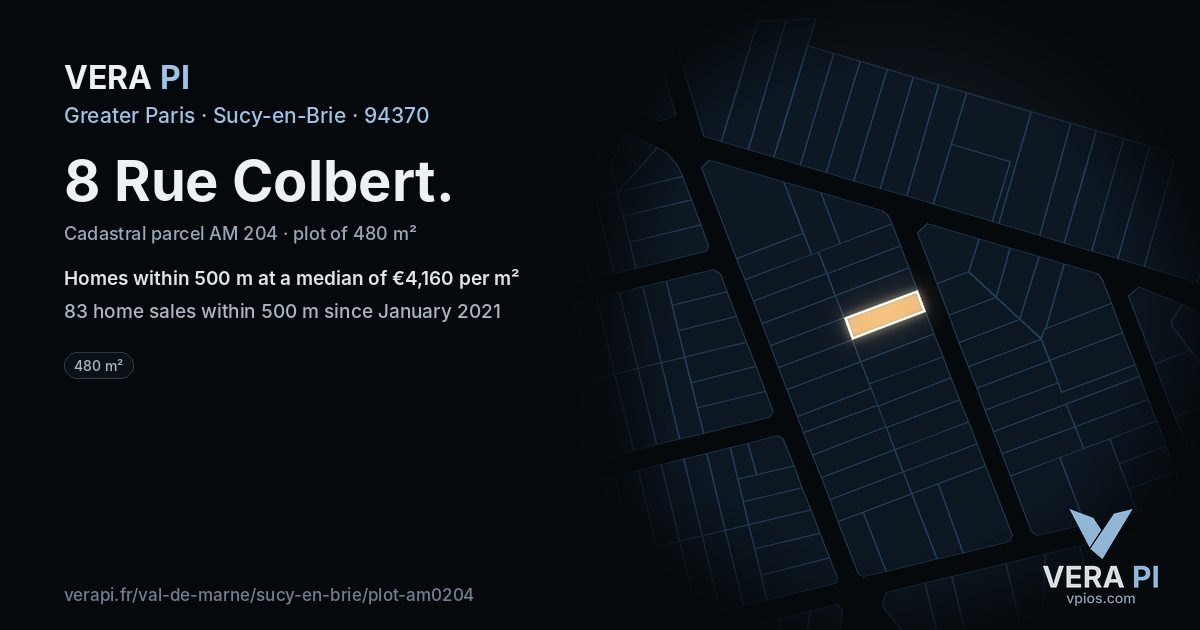 8 Rue Colbert, Sucy-en-Brie at night – the plot lit, the parcels around coloured by the prices near them
