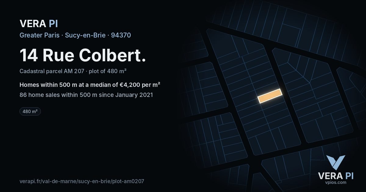 14 Rue Colbert, Sucy-en-Brie at night – the plot lit, the parcels around coloured by the prices near them