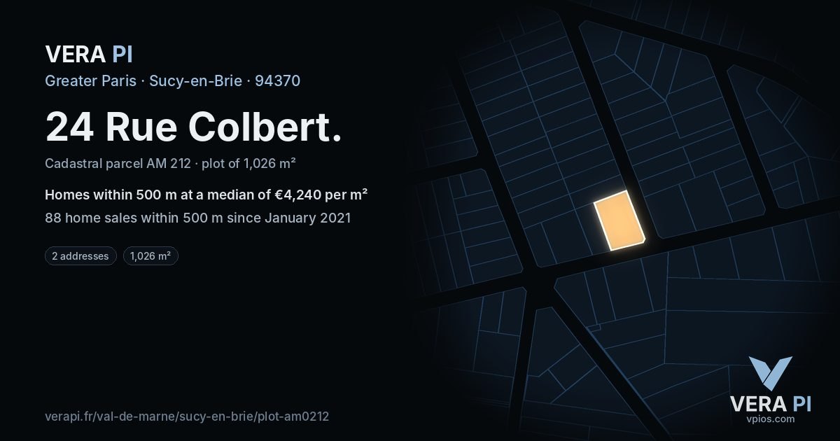 24 Rue Colbert, Sucy-en-Brie at night – the plot lit, the parcels around coloured by the prices near them