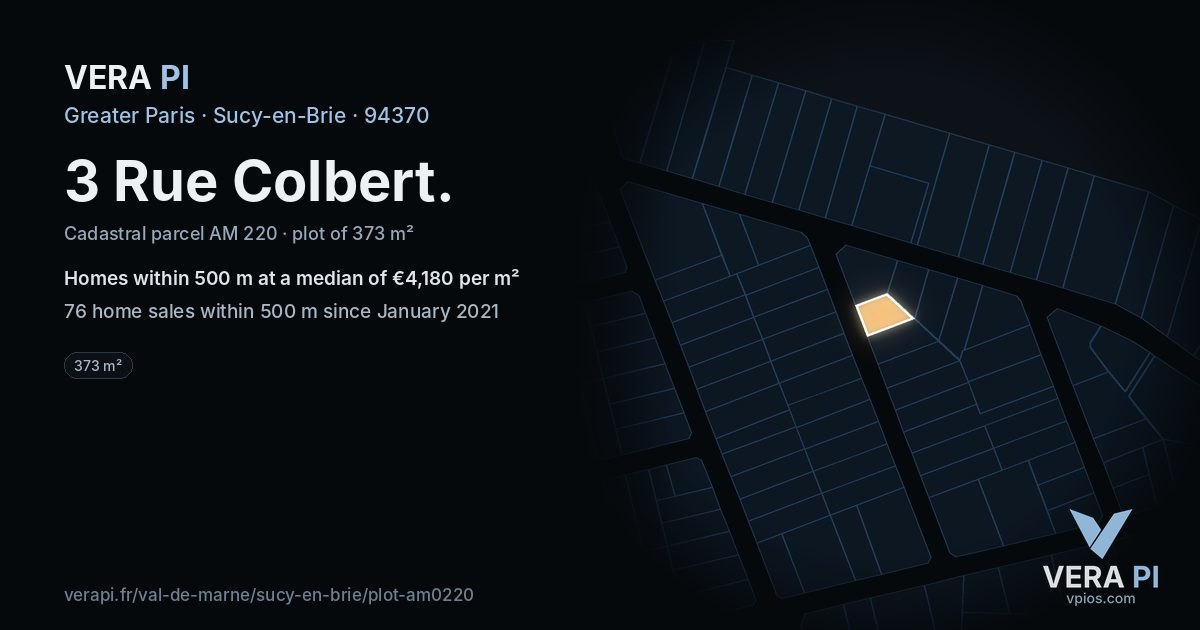 3 Rue Colbert, Sucy-en-Brie at night – the plot lit, the parcels around coloured by the prices near them