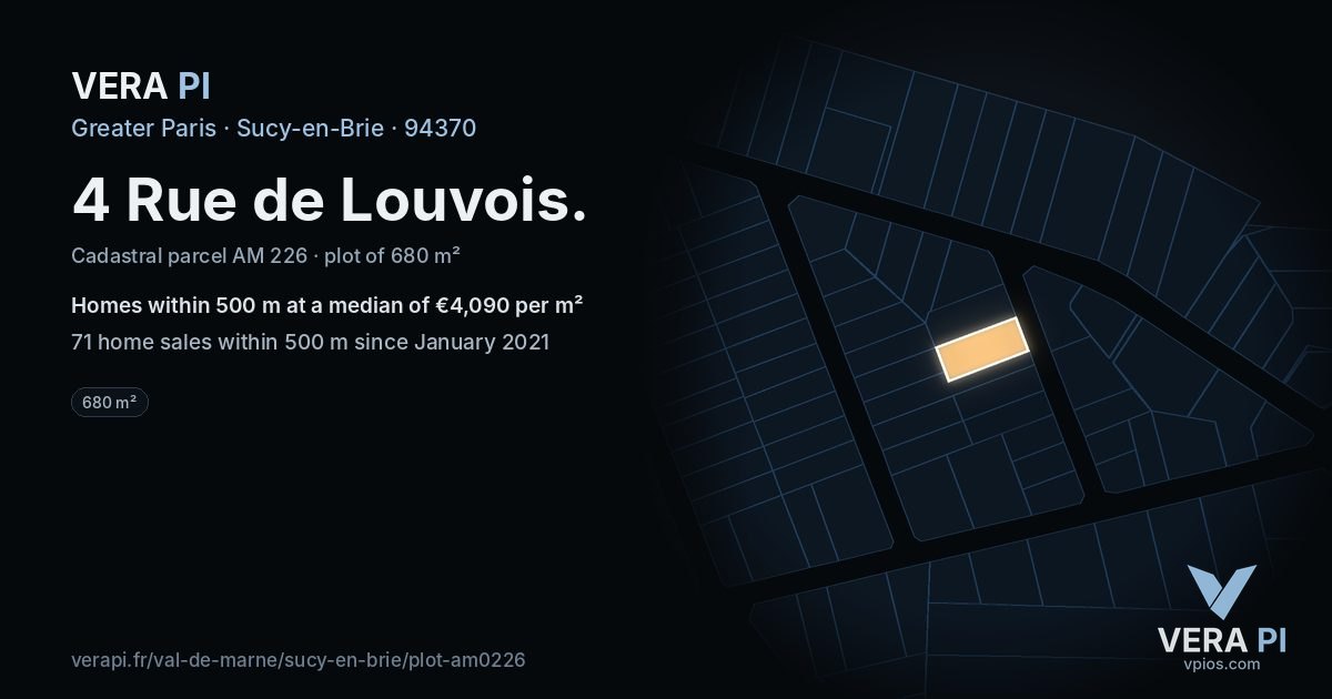 4 Rue de Louvois, Sucy-en-Brie at night – the plot lit, the parcels around coloured by the prices near them