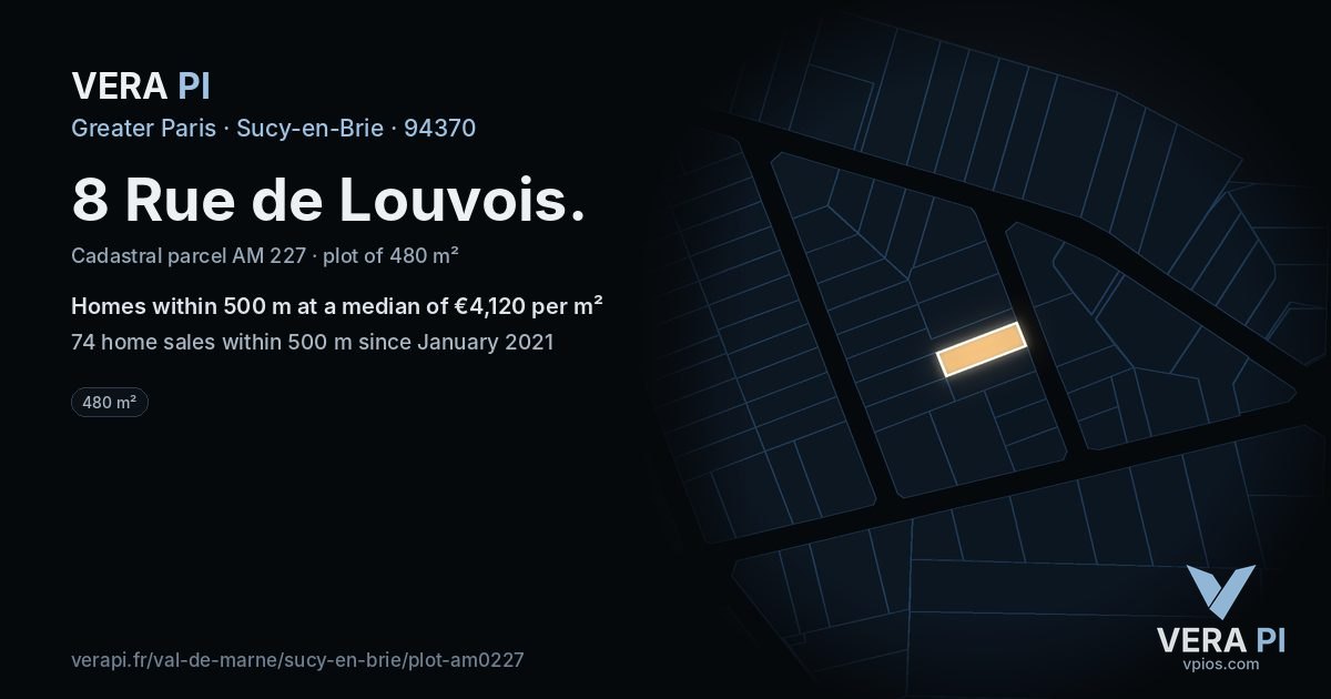 8 Rue de Louvois, Sucy-en-Brie at night – the plot lit, the parcels around coloured by the prices near them