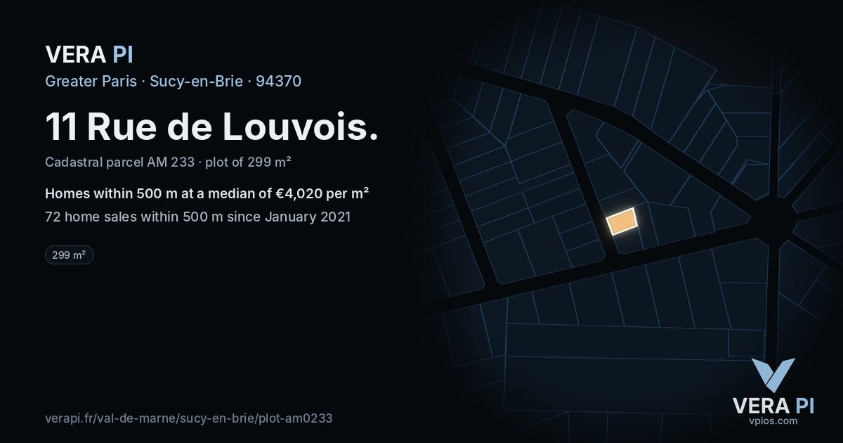 11 Rue de Louvois, Sucy-en-Brie at night – the plot lit, the parcels around coloured by the prices near them