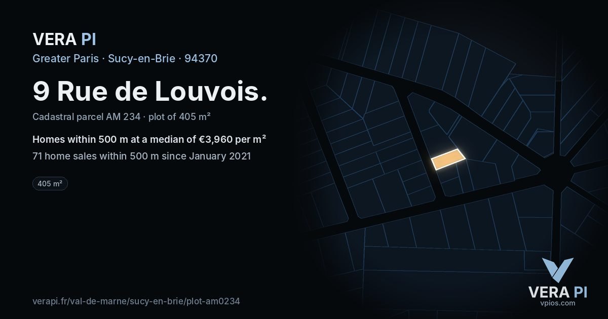9 Rue de Louvois, Sucy-en-Brie at night – the plot lit, the parcels around coloured by the prices near them