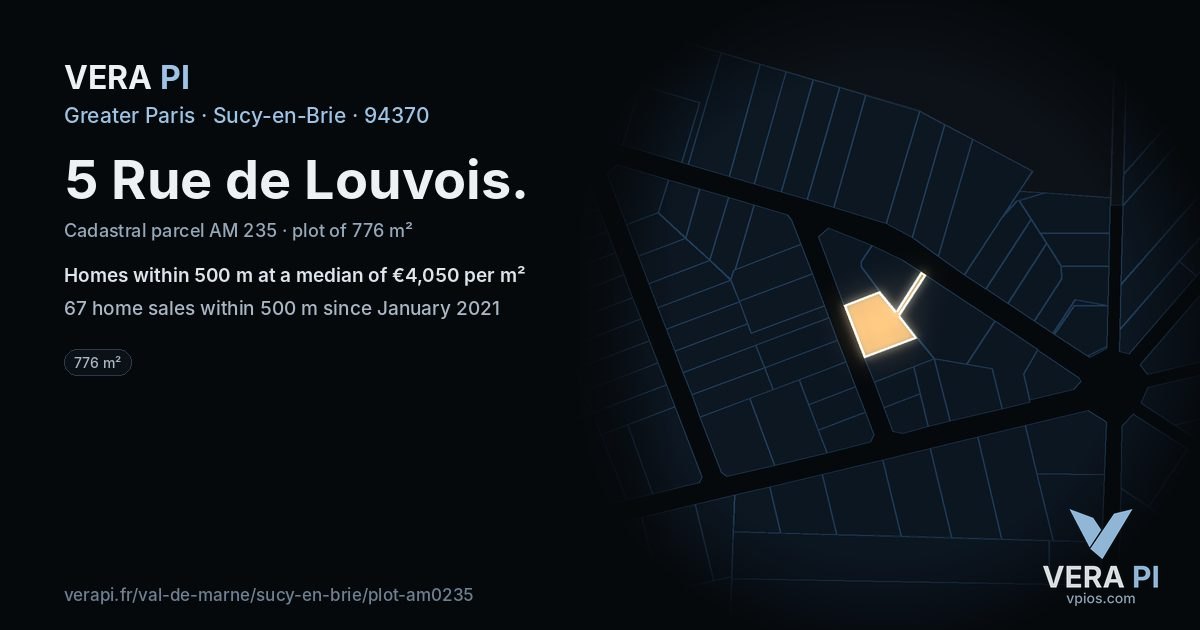 5 Rue de Louvois, Sucy-en-Brie at night – the plot lit, the parcels around coloured by the prices near them