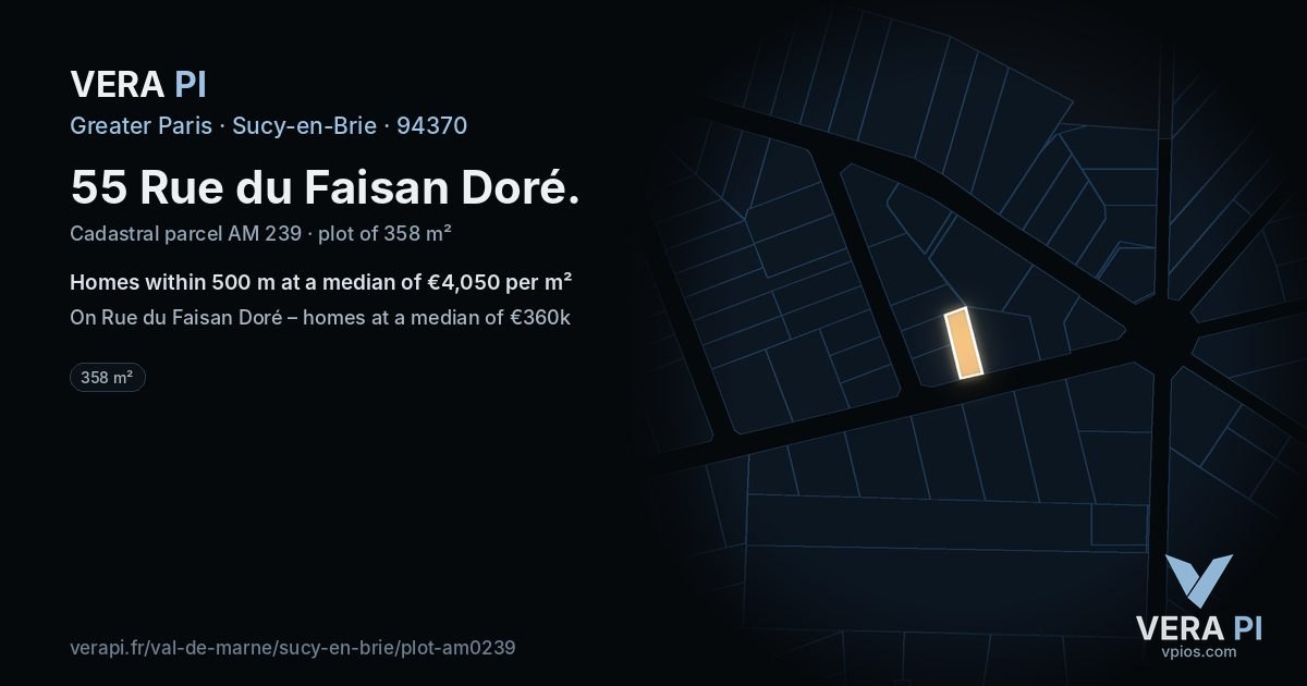 55 Rue du Faisan Doré, Sucy-en-Brie at night – the plot lit, the parcels around coloured by the prices near them