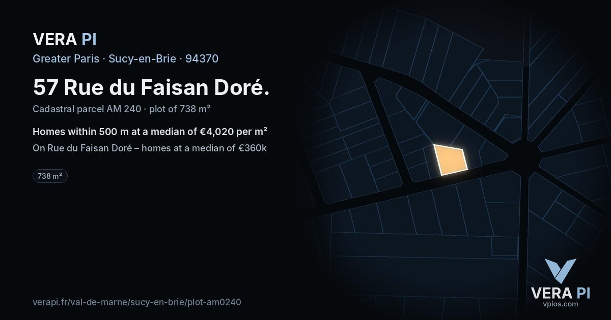 57 Rue du Faisan Doré, Sucy-en-Brie at night – the plot lit, the parcels around coloured by the prices near them