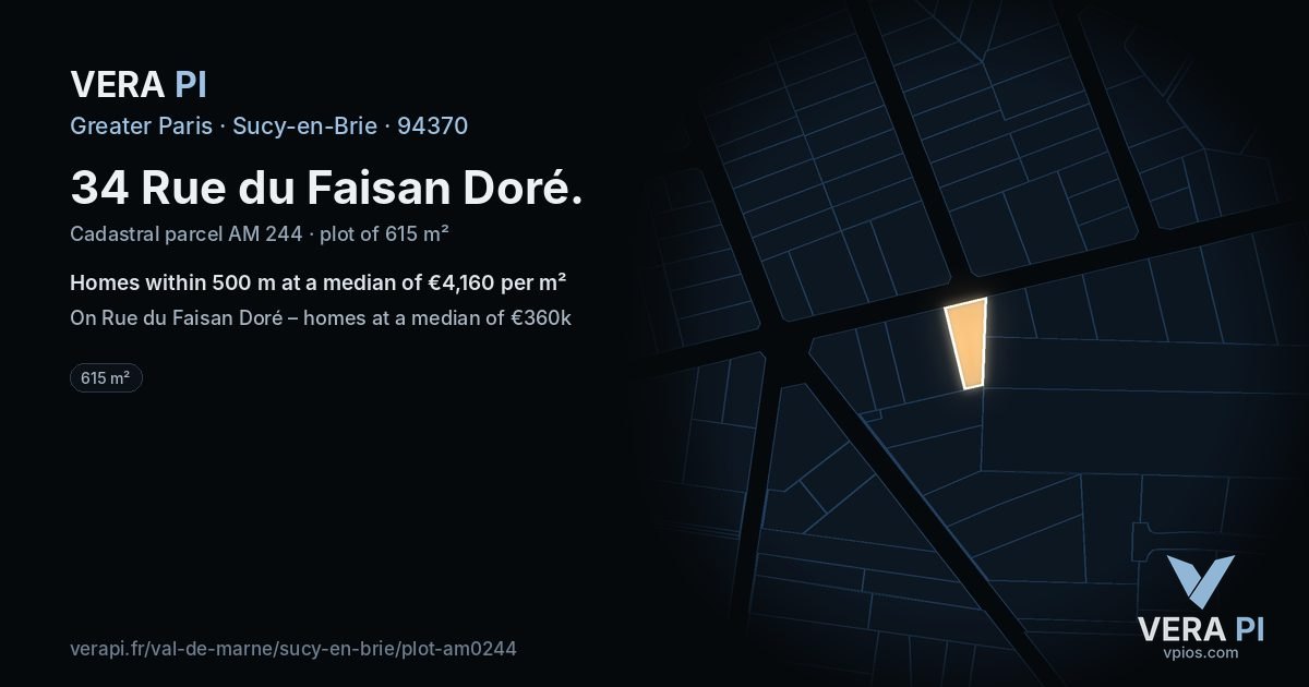 34 Rue du Faisan Doré, Sucy-en-Brie at night – the plot lit, the parcels around coloured by the prices near them