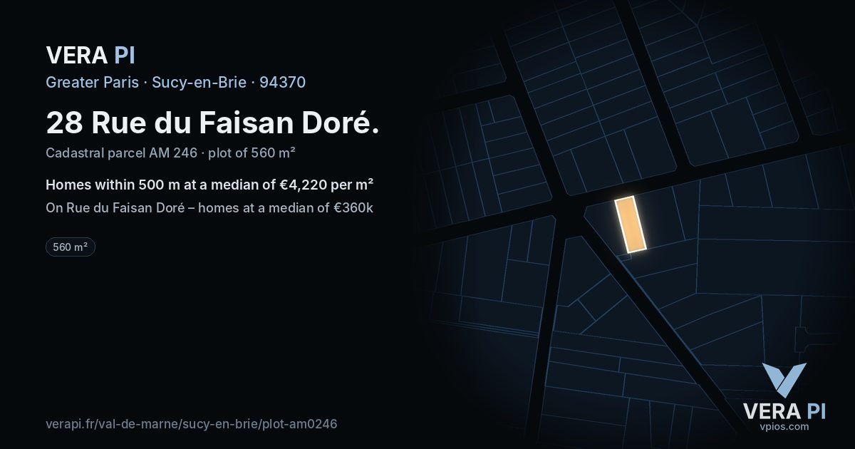 28 Rue du Faisan Doré, Sucy-en-Brie at night – the plot lit, the parcels around coloured by the prices near them