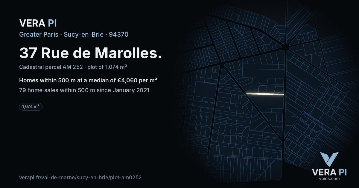 37 Rue de Marolles, Sucy-en-Brie at night – the plot lit, the parcels around coloured by the prices near them
