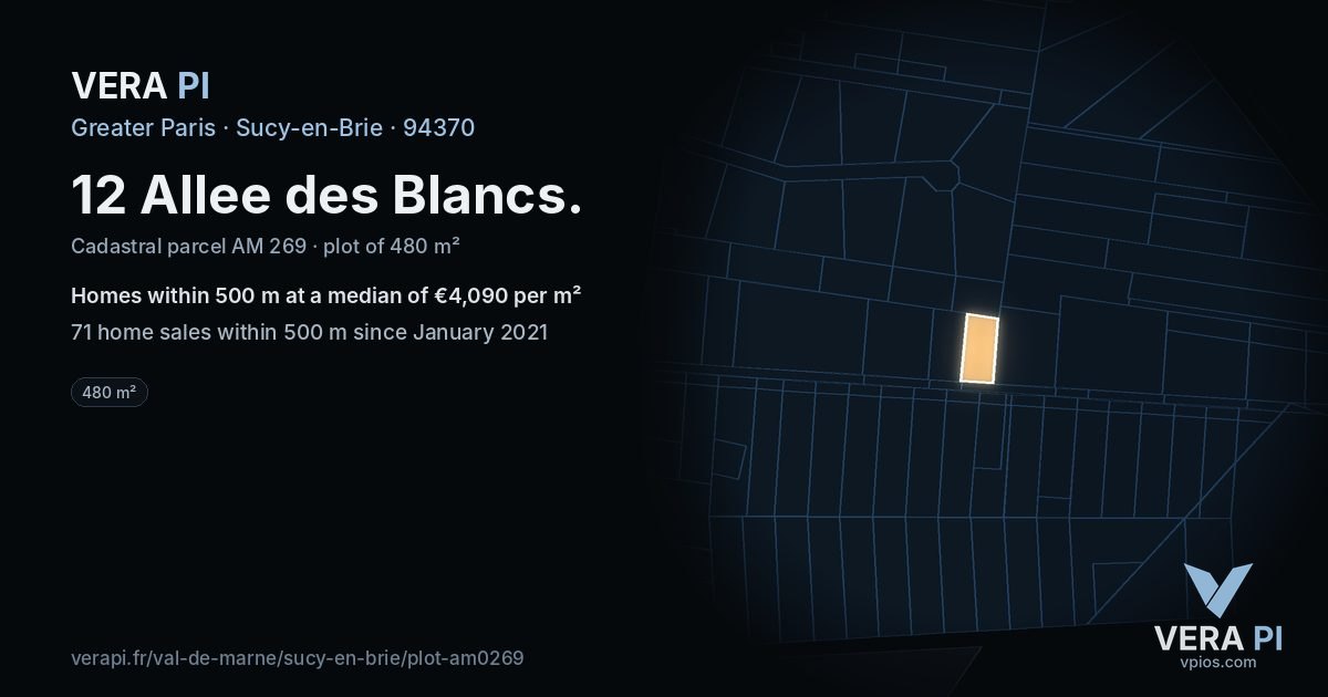 12 Allee des Blancs, Sucy-en-Brie at night – the plot lit, the parcels around coloured by the prices near them