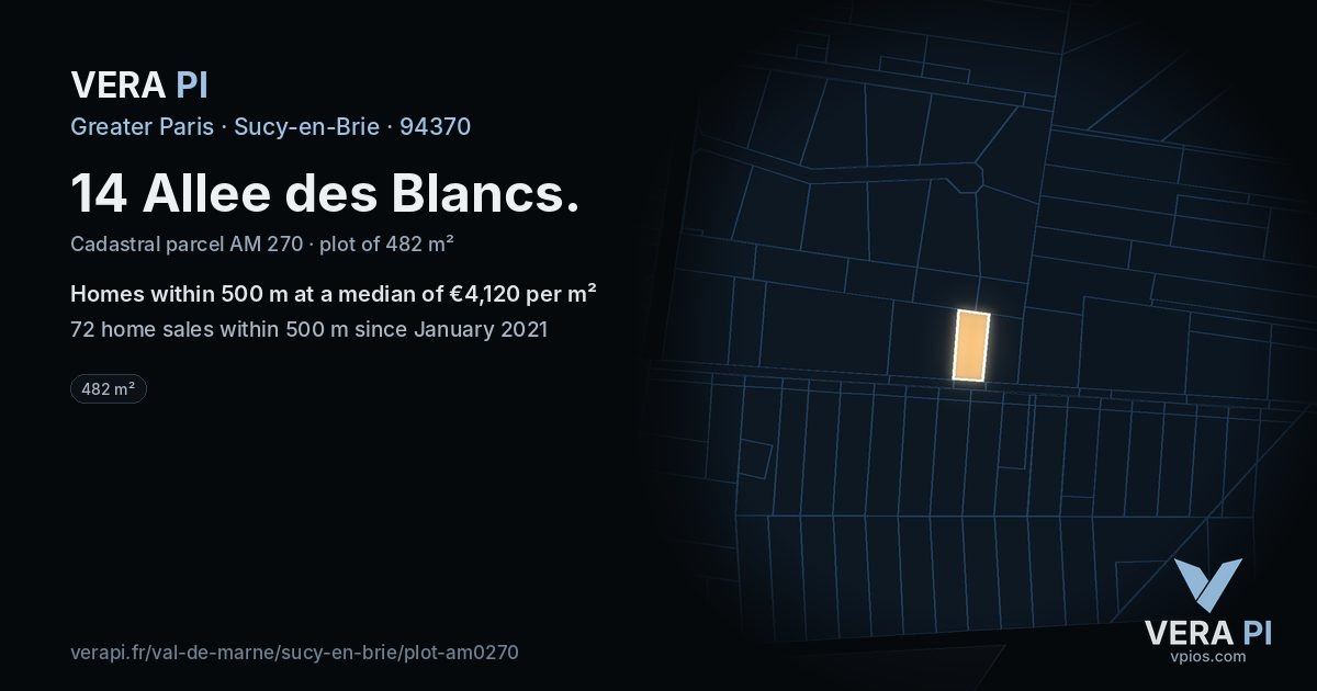14 Allee des Blancs, Sucy-en-Brie at night – the plot lit, the parcels around coloured by the prices near them