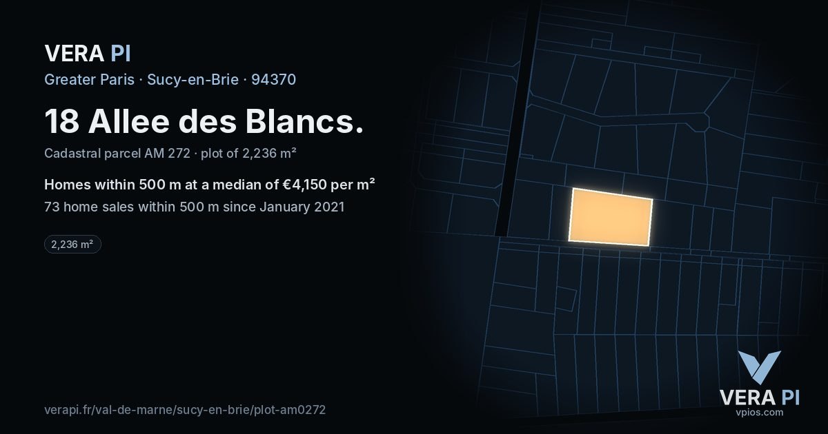 18 Allee des Blancs, Sucy-en-Brie at night – the plot lit, the parcels around coloured by the prices near them
