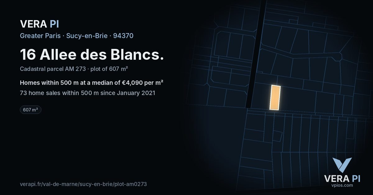 16 Allee des Blancs, Sucy-en-Brie at night – the plot lit, the parcels around coloured by the prices near them