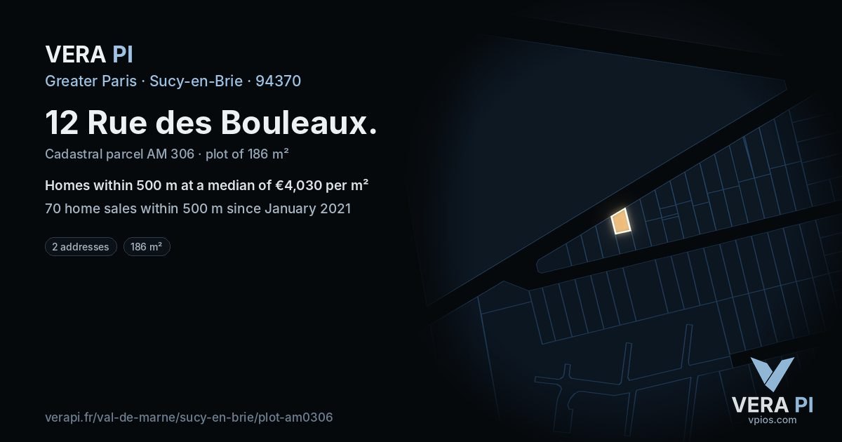 12 Rue des Bouleaux, Sucy-en-Brie at night – the plot lit, the parcels around coloured by the prices near them