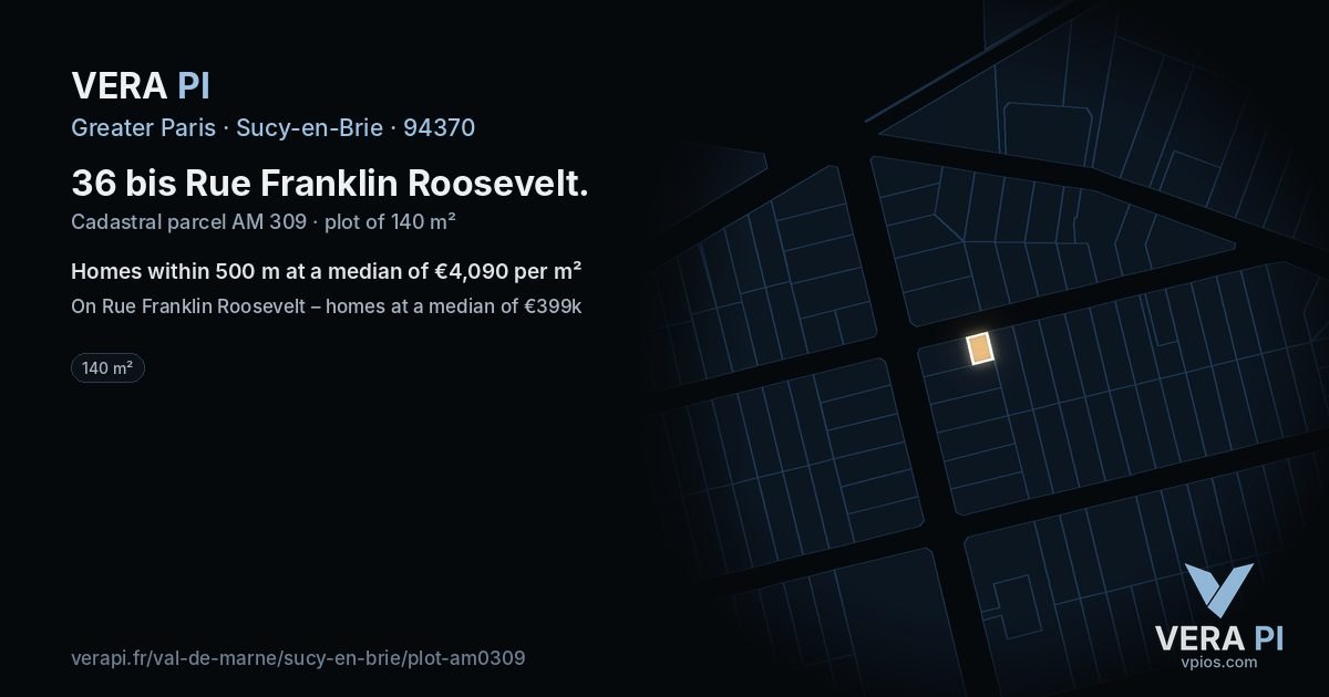 36 bis Rue Franklin Roosevelt, Sucy-en-Brie at night – the plot lit, the parcels around coloured by the prices near them