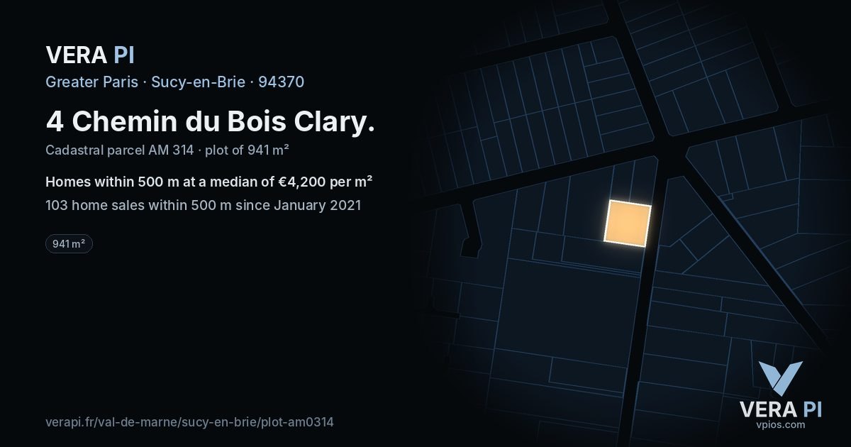 4 Chemin du Bois Clary, Sucy-en-Brie at night – the plot lit, the parcels around coloured by the prices near them