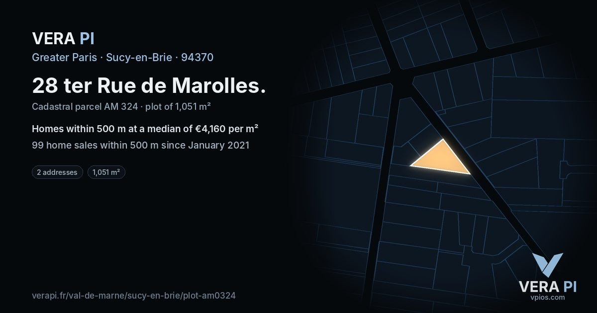 28 ter Rue de Marolles, Sucy-en-Brie at night – the plot lit, the parcels around coloured by the prices near them