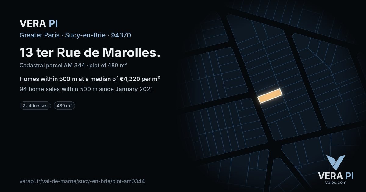 13 ter Rue de Marolles, Sucy-en-Brie at night – the plot lit, the parcels around coloured by the prices near them