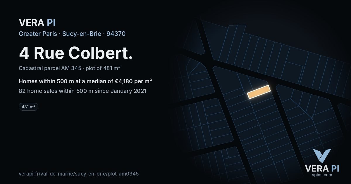 4 Rue Colbert, Sucy-en-Brie at night – the plot lit, the parcels around coloured by the prices near them