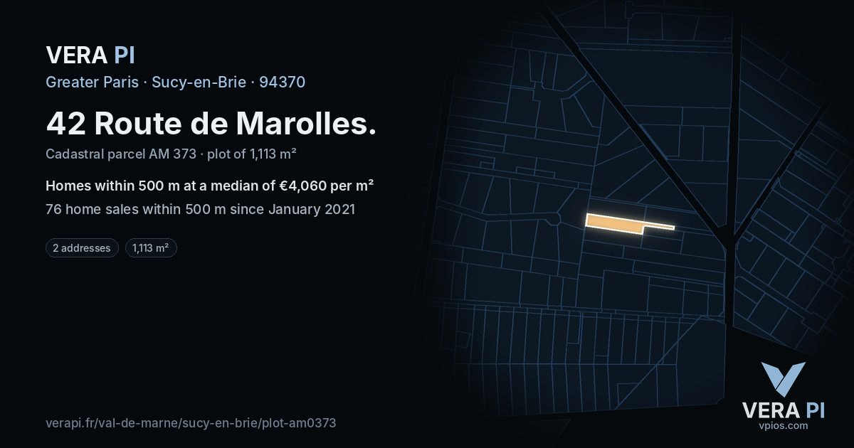 42 Route de Marolles, Sucy-en-Brie at night – the plot lit, the parcels around coloured by the prices near them